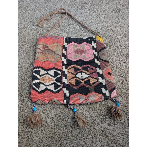 “VNTG, Handmade Kilim Wool Shoulder Bag Tribal Boho Crossbody Purse w/ Tassels - Picture 3 of 16